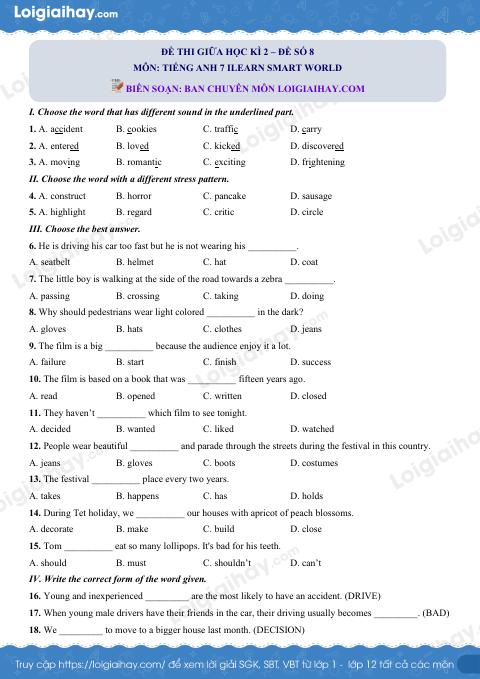 Đề thi giữa kì 2 Tiếng Anh 7 iLearn Smart World - Đề số 8